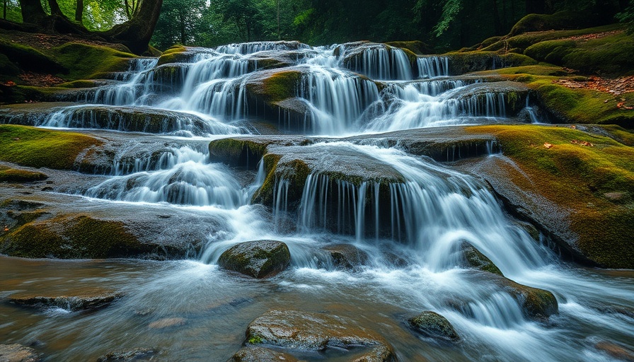 Cascading waterfall in lush forest scenery.