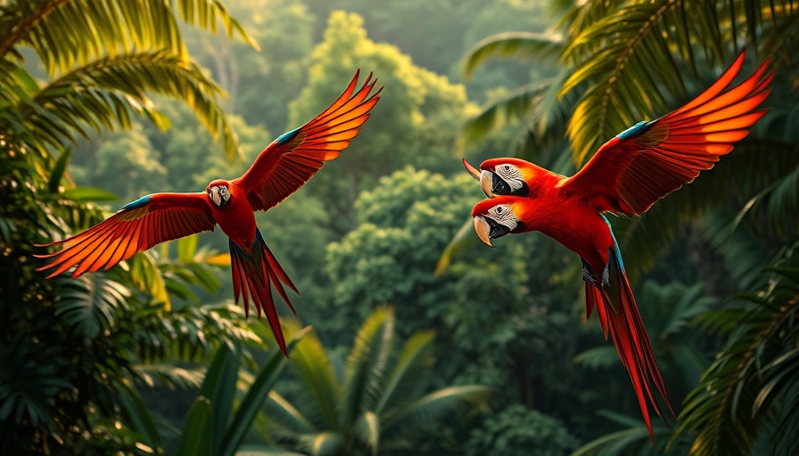 Scarlet macaws flying in Costa Rica rainforest, Costa Rica Ecoacoustics