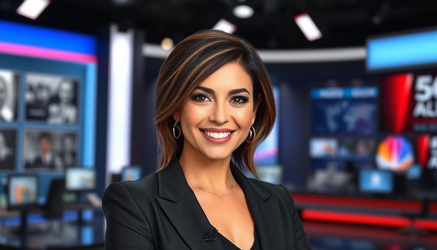 News anchor smiling confidently in a vibrant studio setting.