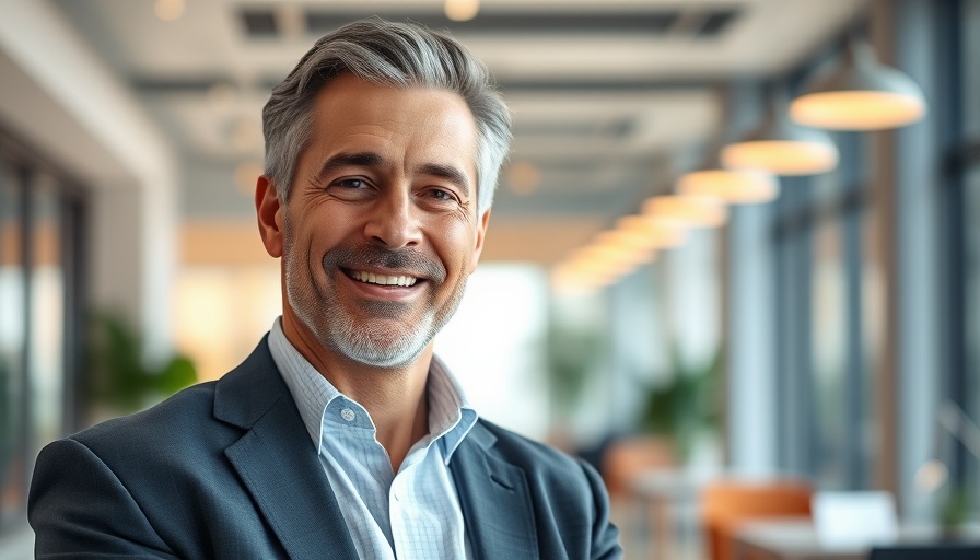 Middle-aged businessman smiling confidently in a modern office setting, highlighting CEO turnover in consumer goods companies.