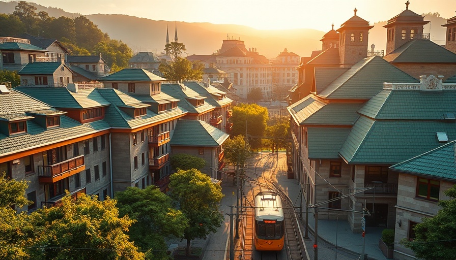 Aerial view of Odense with green-roofed buildings and tram.