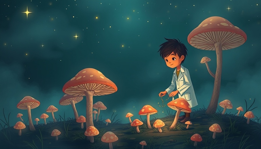 Pharmaceutical-grade mushroom grower in a mystical setting with oversized mushrooms.