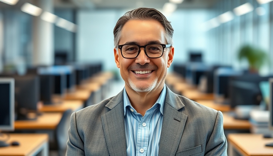 Businessman smiling confidently in an office setting.