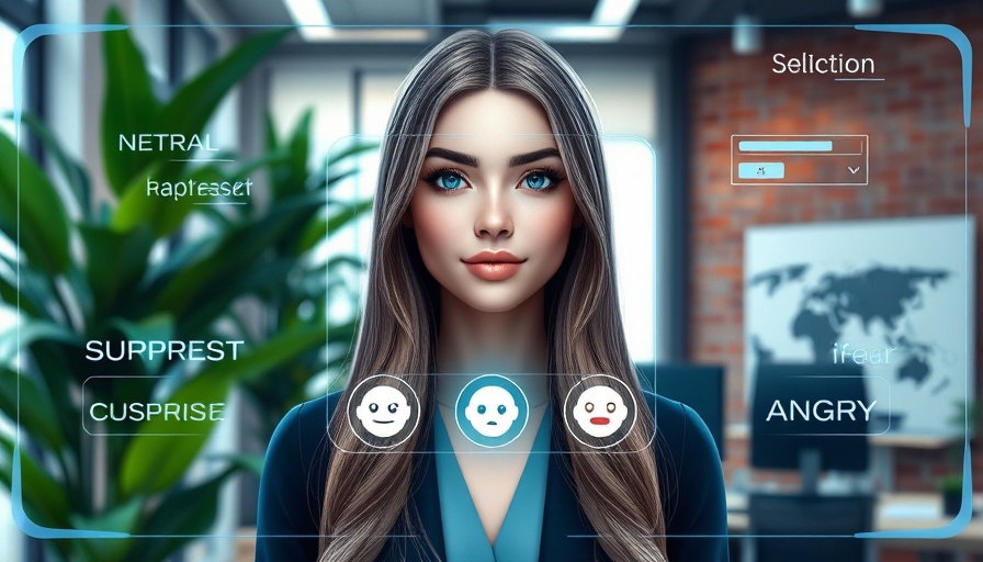 AI human 3D avatars connected to LLMs interface showing emotion selection in office