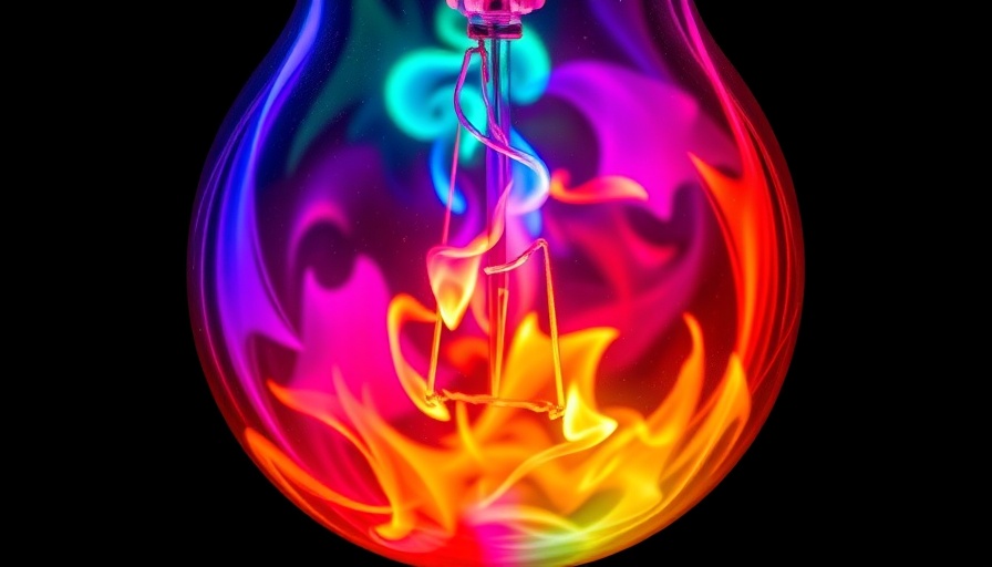 Vivid light bulb with colorful flames representing Artificial General Intelligence.