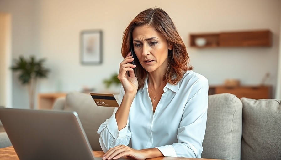 Worried woman with credit card discussing cybersecurity threats.