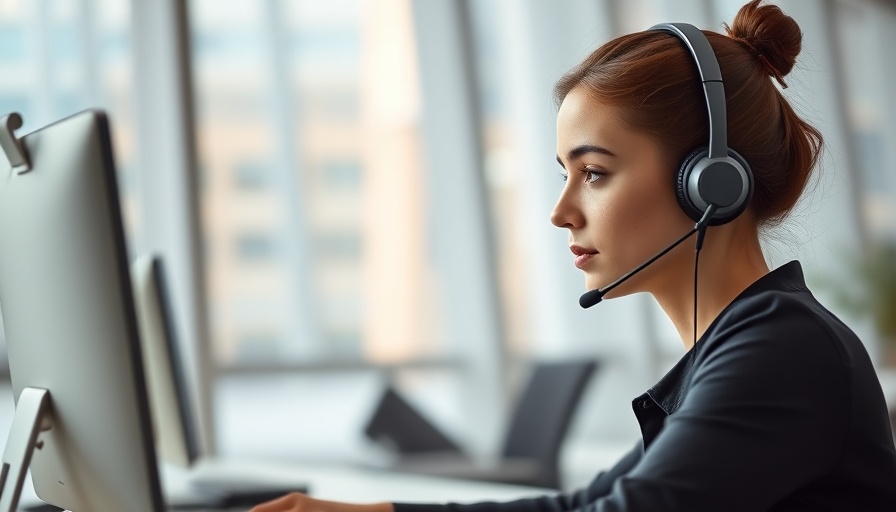 Woman using AI accent modification technology in office setting.
