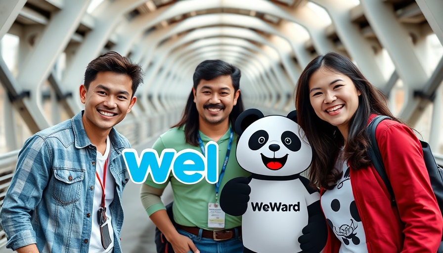 Three people with WeWard logo and panda mascot, WeWard walking app promotion.