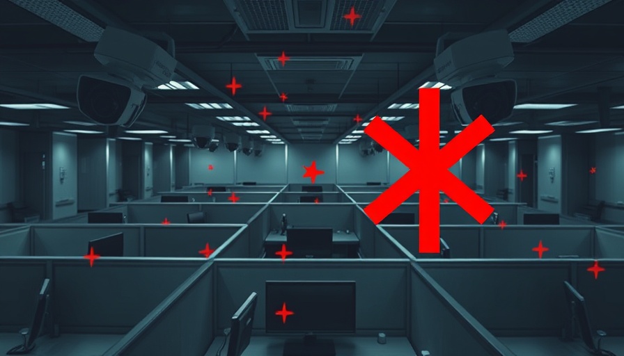 AI surveillance of workers concept, cameras over office cubicles.