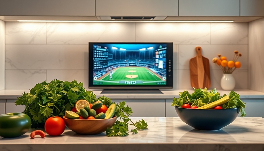 Smart display with baseball game in modern kitchen showcasing Alexa Plus features.