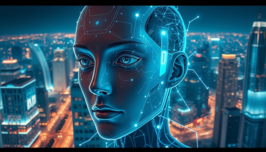 AI-driven legal due diligence concept with a digital face overlaying a cityscape.