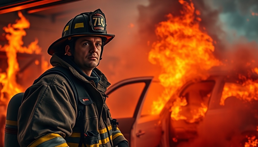 Firefighter approaches burning car in garage for battery fire safety.