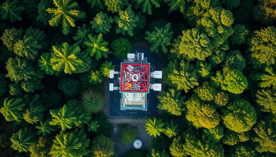 Telecom emissions challenges illustrated by a tower in lush forest.
