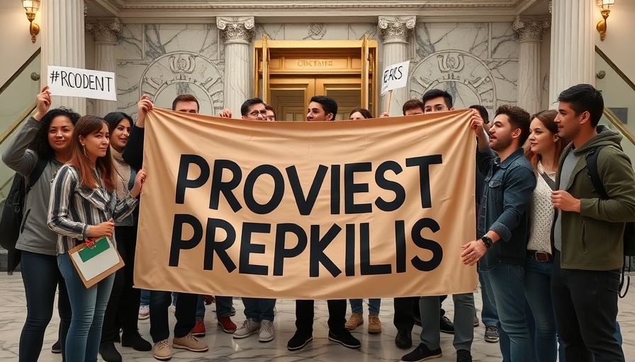 Protestors highlight USAID Emergency Waivers Fail banner indoors.
