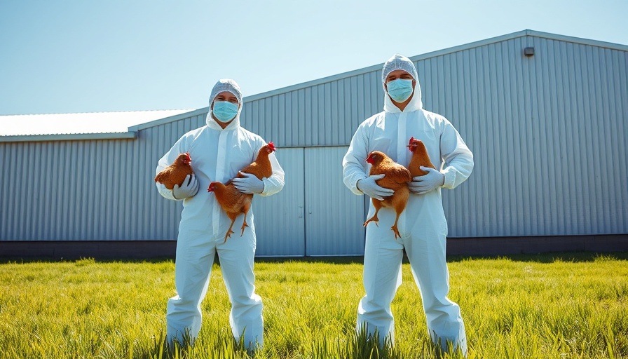 Vaccinating Chickens Against Bird Flu: Two figures in protective suits holding chickens outside a farm building.