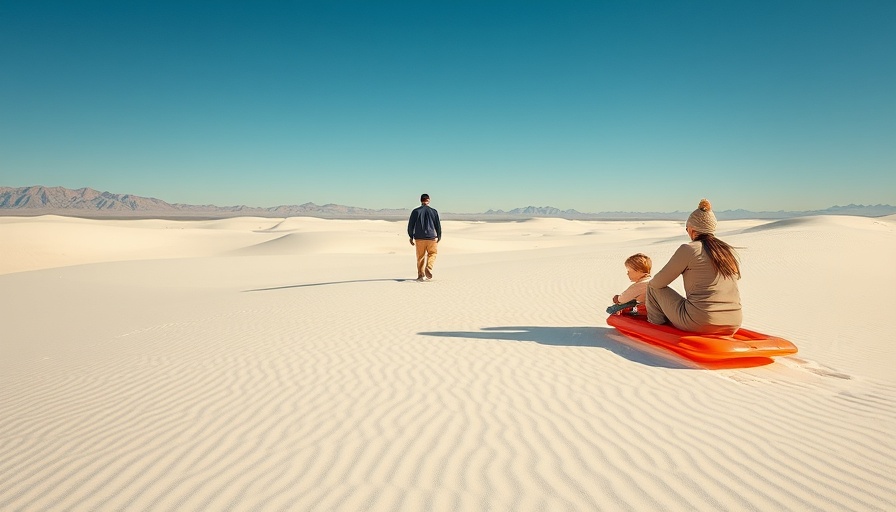 Family in White Sands National Park, enjoying sand sledding under blue sky.