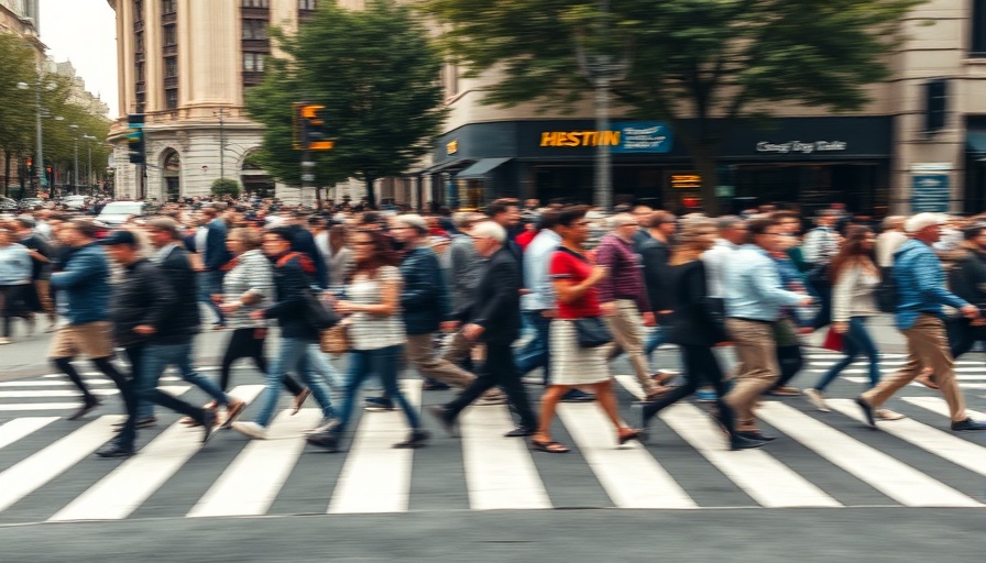 Blurred crowd walking on city street capturing busy motion.