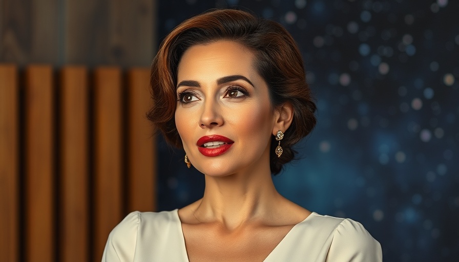 Woman in blue dress speaking in a starry studio backdrop.