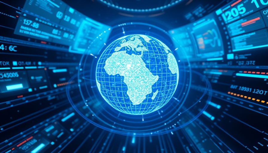Futuristic digital globe with holographic data screens in space