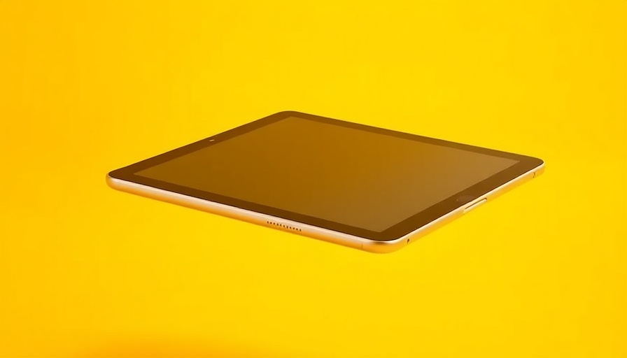 Futuristic iPad and keyboard case concept 2025, yellow backdrop.