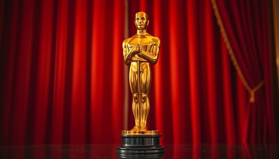 Golden Oscar against rich red curtains at ABC News Special Coverage of the Oscars.