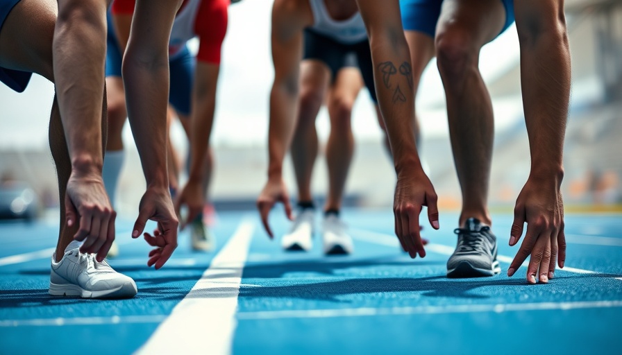Athletes' hands on starting line symbolizing global banking strategy race.