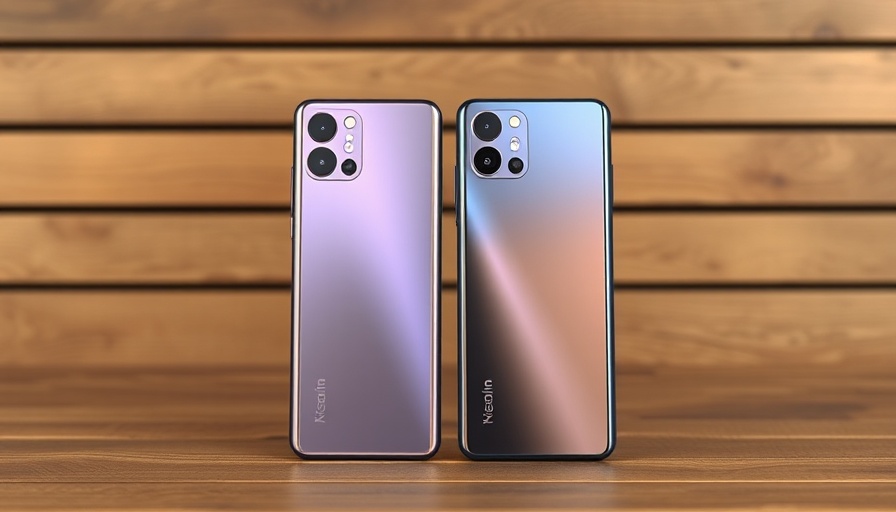 Sleek smartphones showcasing design and camera features against wooden background.