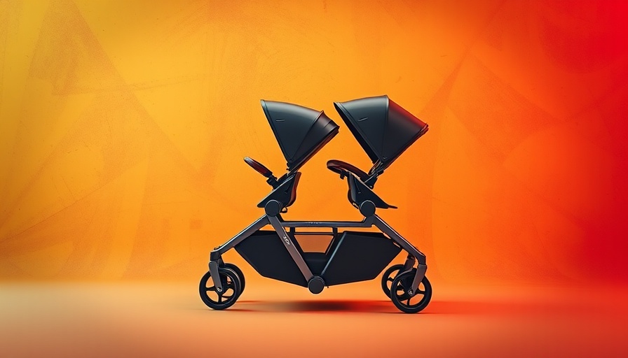 Innovative double stroller design showcased on vibrant background.