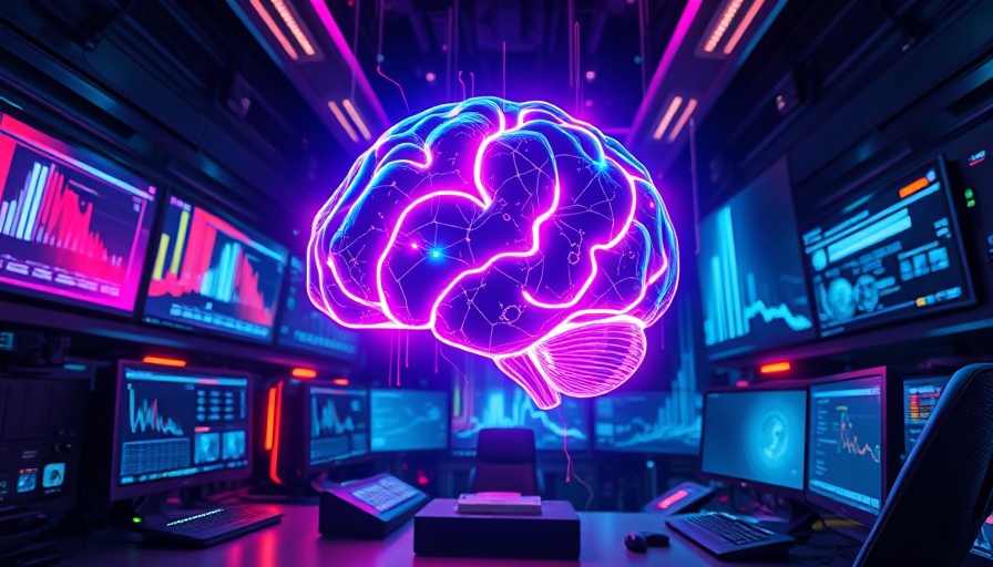 Futuristic AI brain in high-tech telecommunication room.