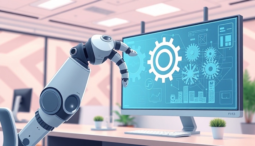 Illustration of AI in mechanical design with robotic arm and digital gears.