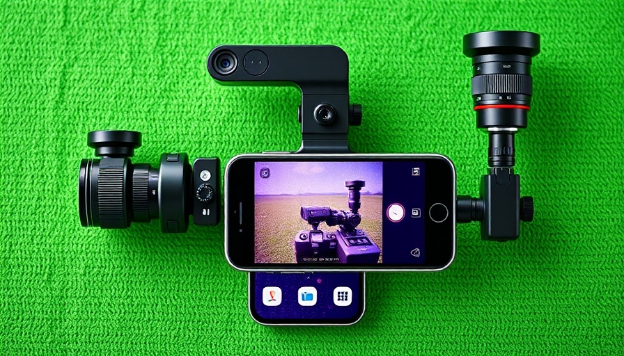 Modular smartphone camera system collage on green background.
