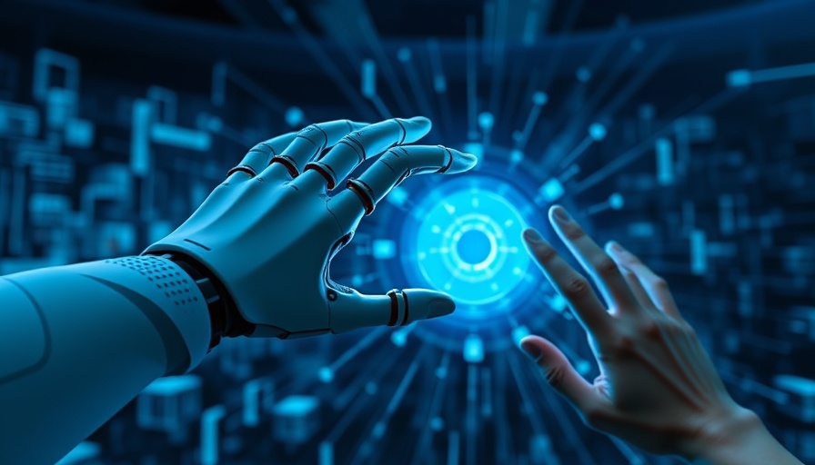 AI-powered Assistant, robotic and human hands reach for AI sphere.