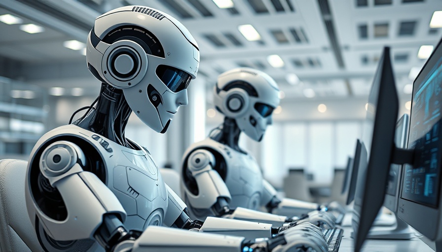 Futuristic robots working at computers showcasing data quality solutions.