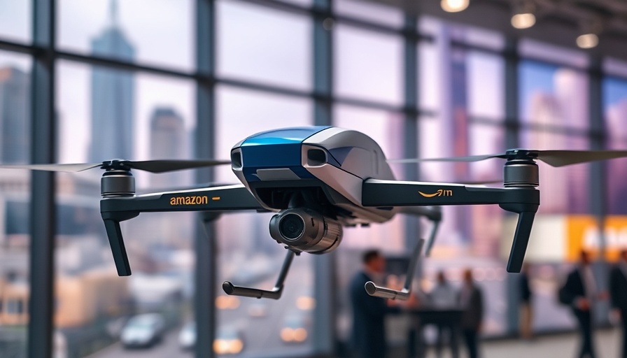 Futuristic Amazon delivery drone in exhibition, showcasing advanced technology.