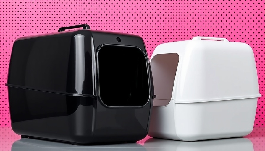 Modern automatic cat litter boxes on pink background.