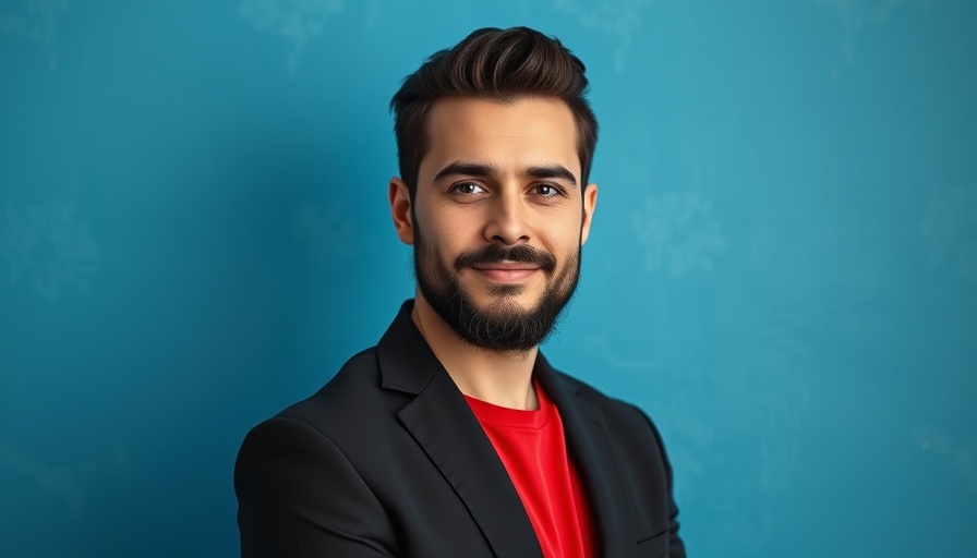 Professional man in black blazer and red shirt, blue background.