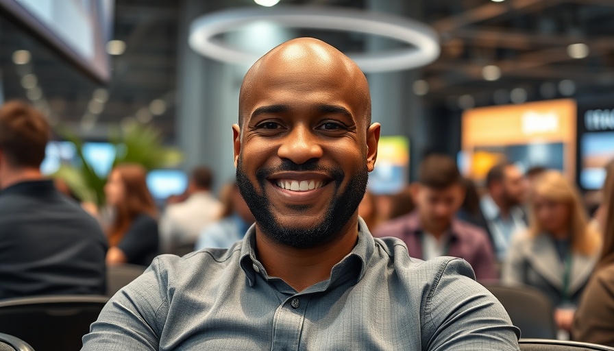 Bald man smiling at tech conference, balancing innovation and ethics AI.