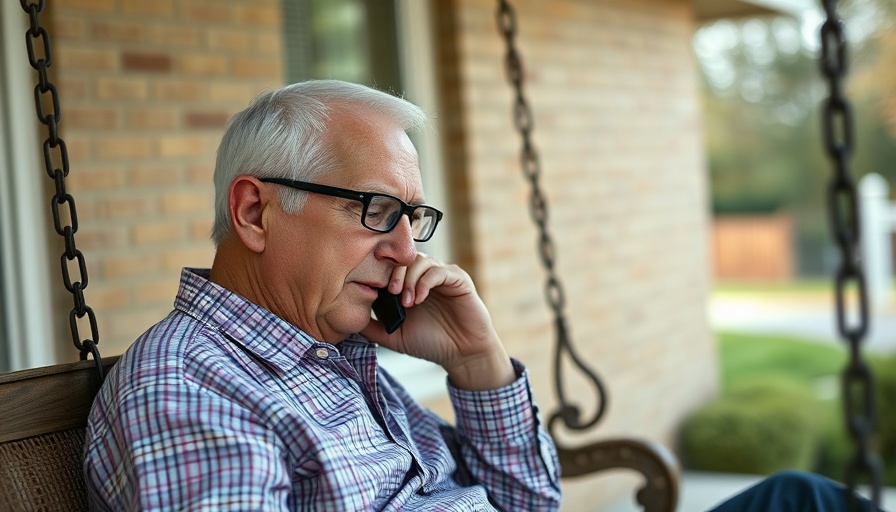 Man with glasses talking on phone, seated on porch swing in suburban setting.