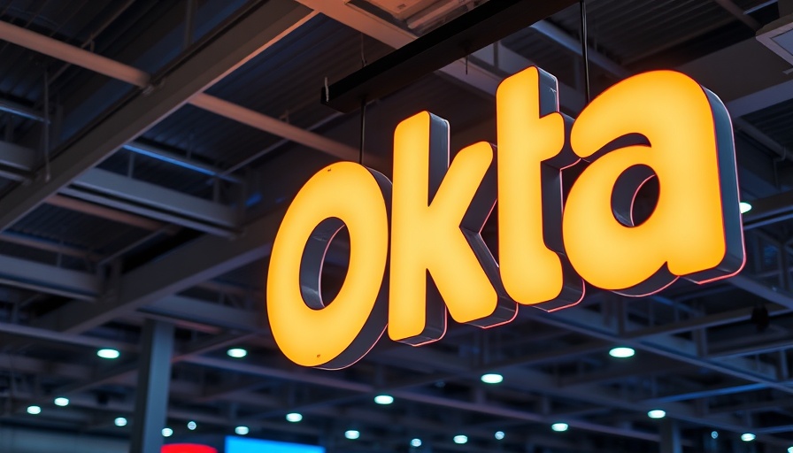 Okta brand sign at indoor convention, corporate business event