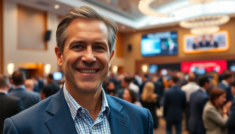 Confident man in blue suit at AI-powered scouting conference.