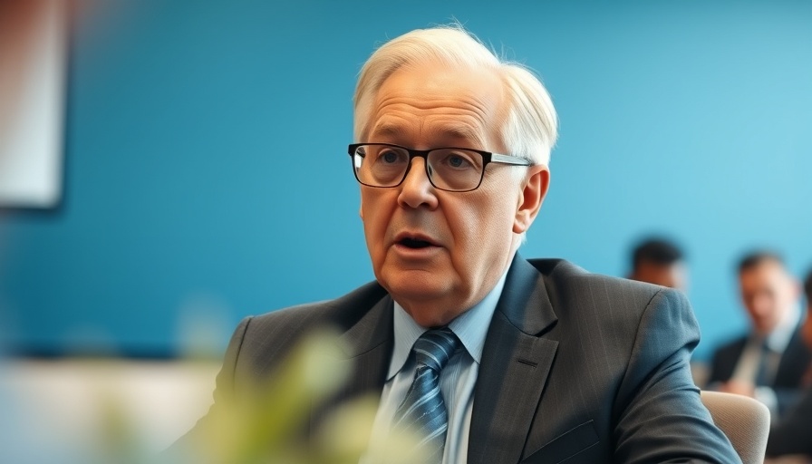 Distinguished older man speaking at meeting with blue background.