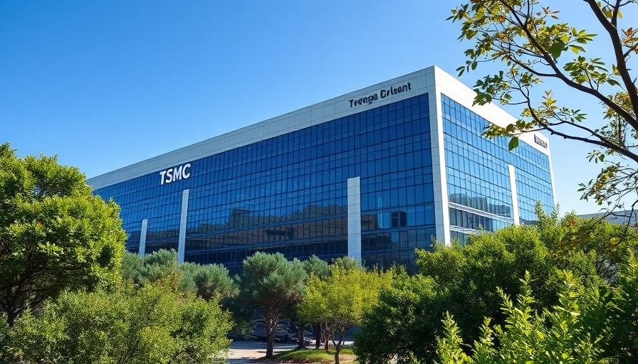 TSMC $100 billion investment U.S. chip plant with modern architecture and greenery.