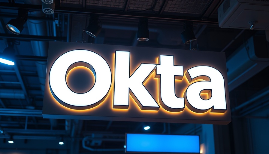 Illuminated Okta logo sign with industrial ceiling backdrop.