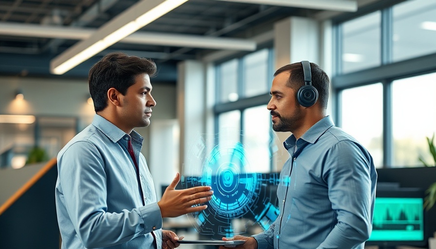 Human-AI collaboration with futuristic interface in modern office.