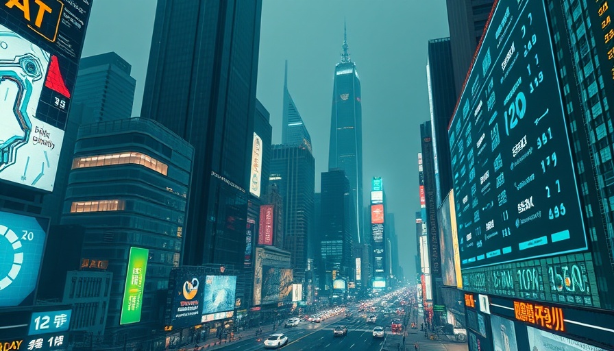 Futuristic city with AI analyzing air quality, neon lights, digital screen.