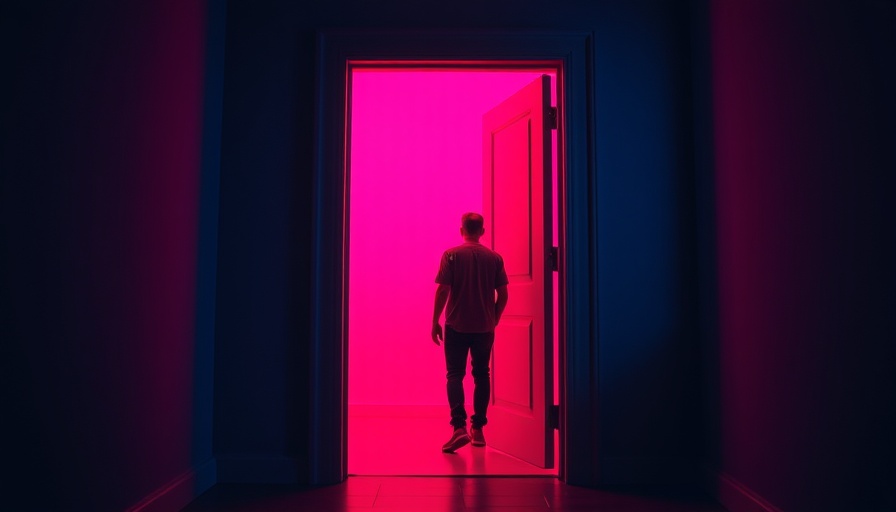 Person entering a pink-lit room through a door
