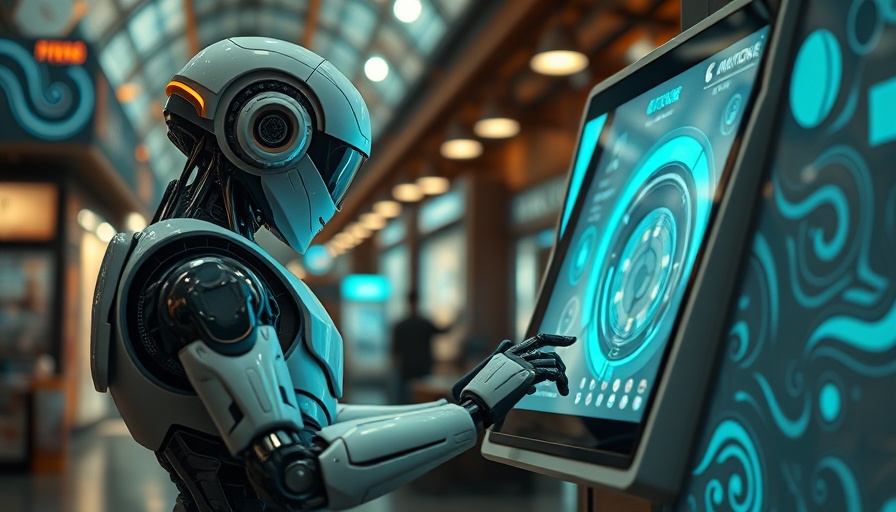 Futuristic AI robot at skills marketplace kiosk, abstract design