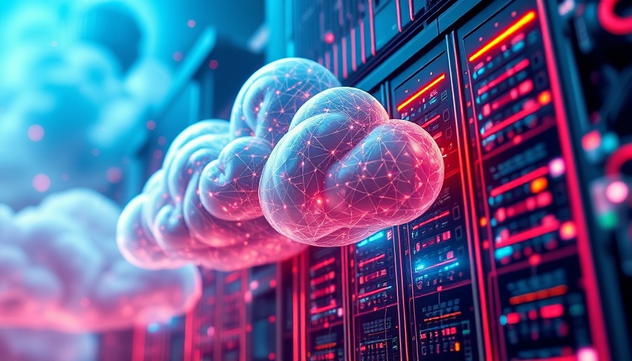 Futuristic cloud and server illustration with AI features, vibrant.