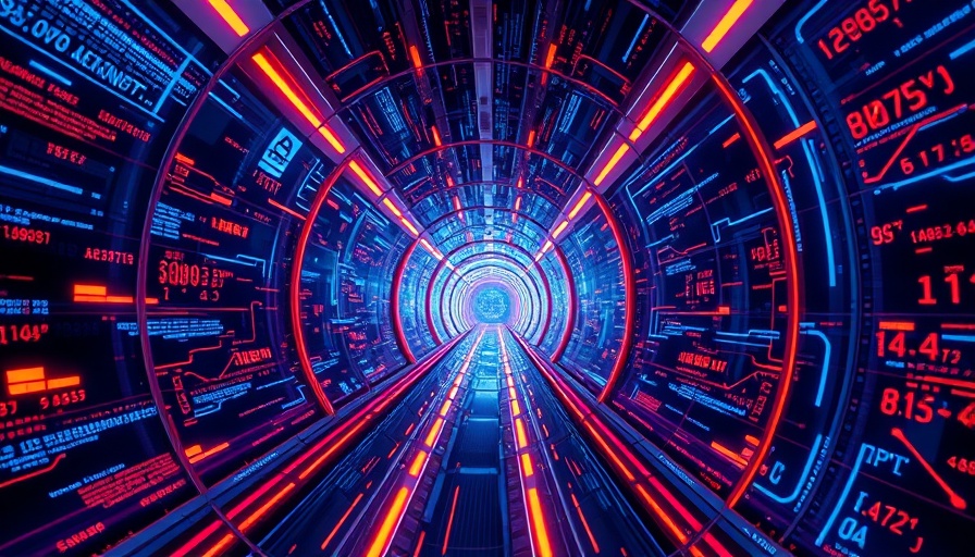Futuristic digital tunnel, vibrant lights representing LLM applications with FastAPI and Hugging Face.