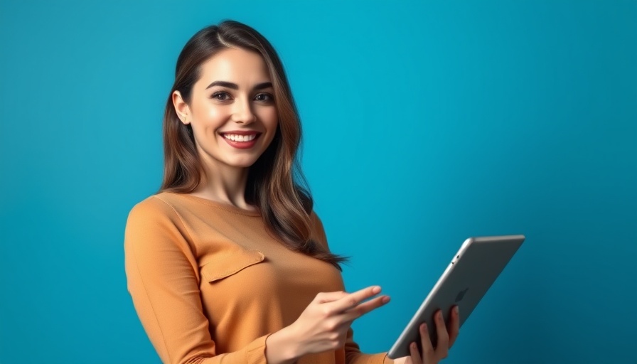 Confident woman with tablet on blue gradient background, symbolizing trillion-dollar services opportunity.